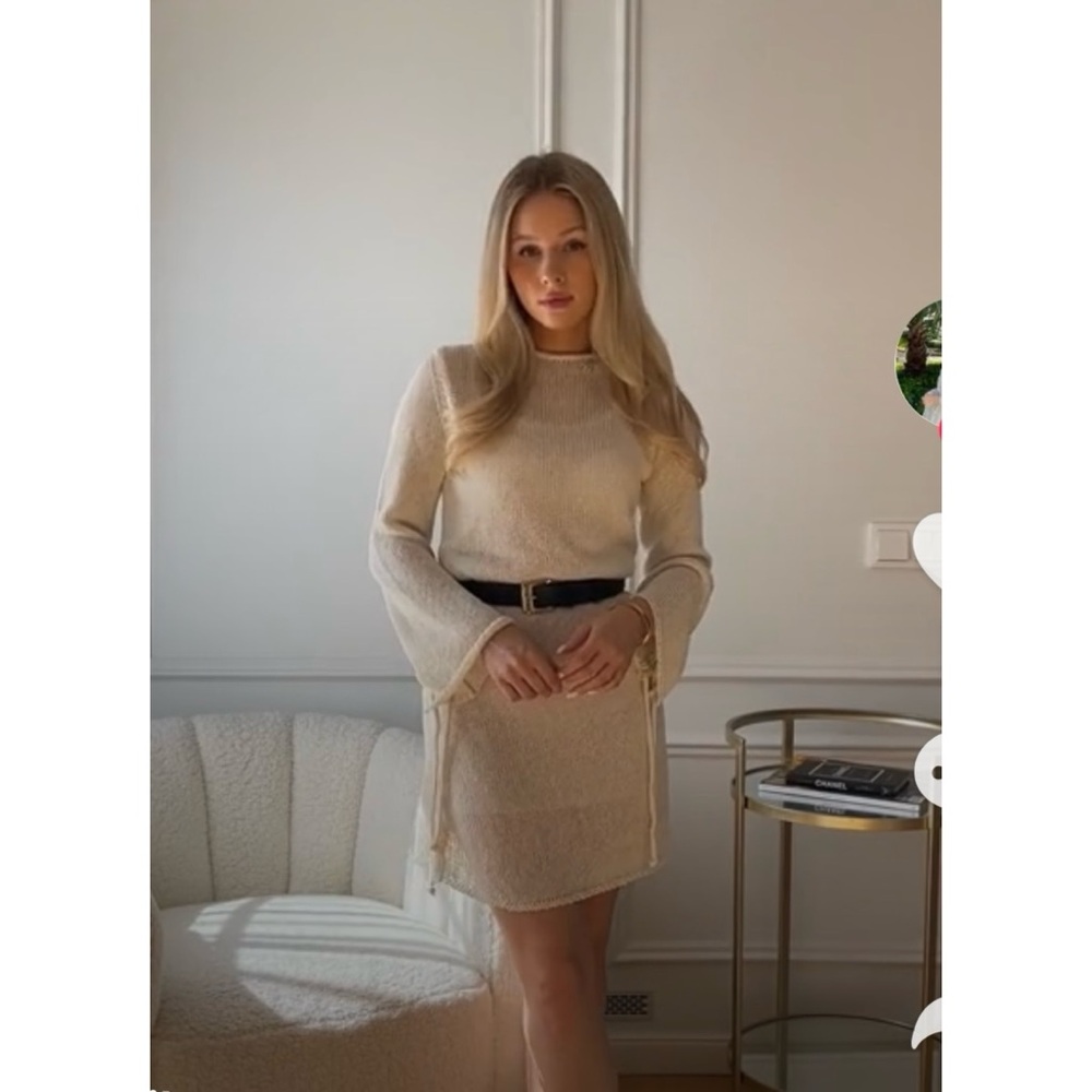 Zara Cream Knit Mesh Dress with Tied Sleeves